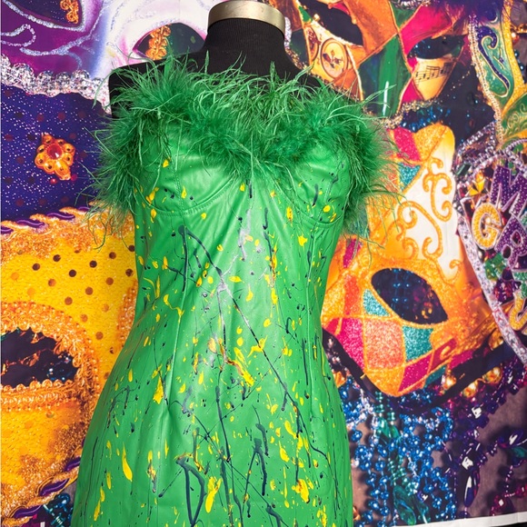 Green Mardi Gras Patent leather Dress with Feather Trim BAD COLLECTION - Picture 4 of 5
